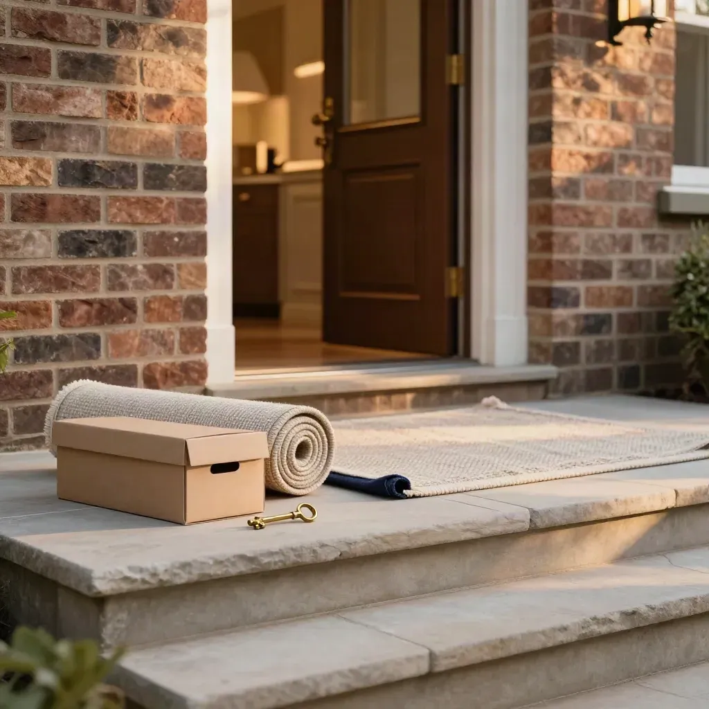 Brass key on a stone step by a moving box and rolled rug at an open family house door
