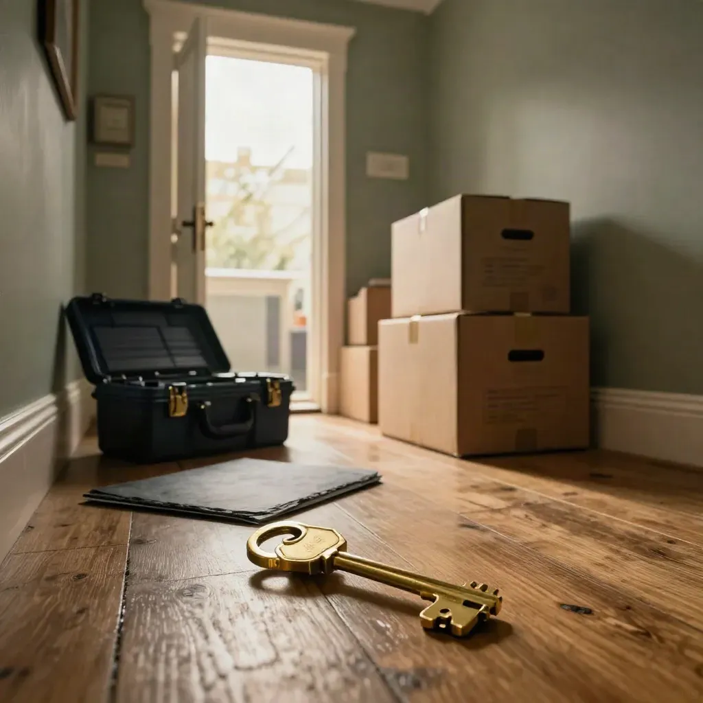 Brass key, finance folder, tool case and moving boxes in a UK townhouse hallway.