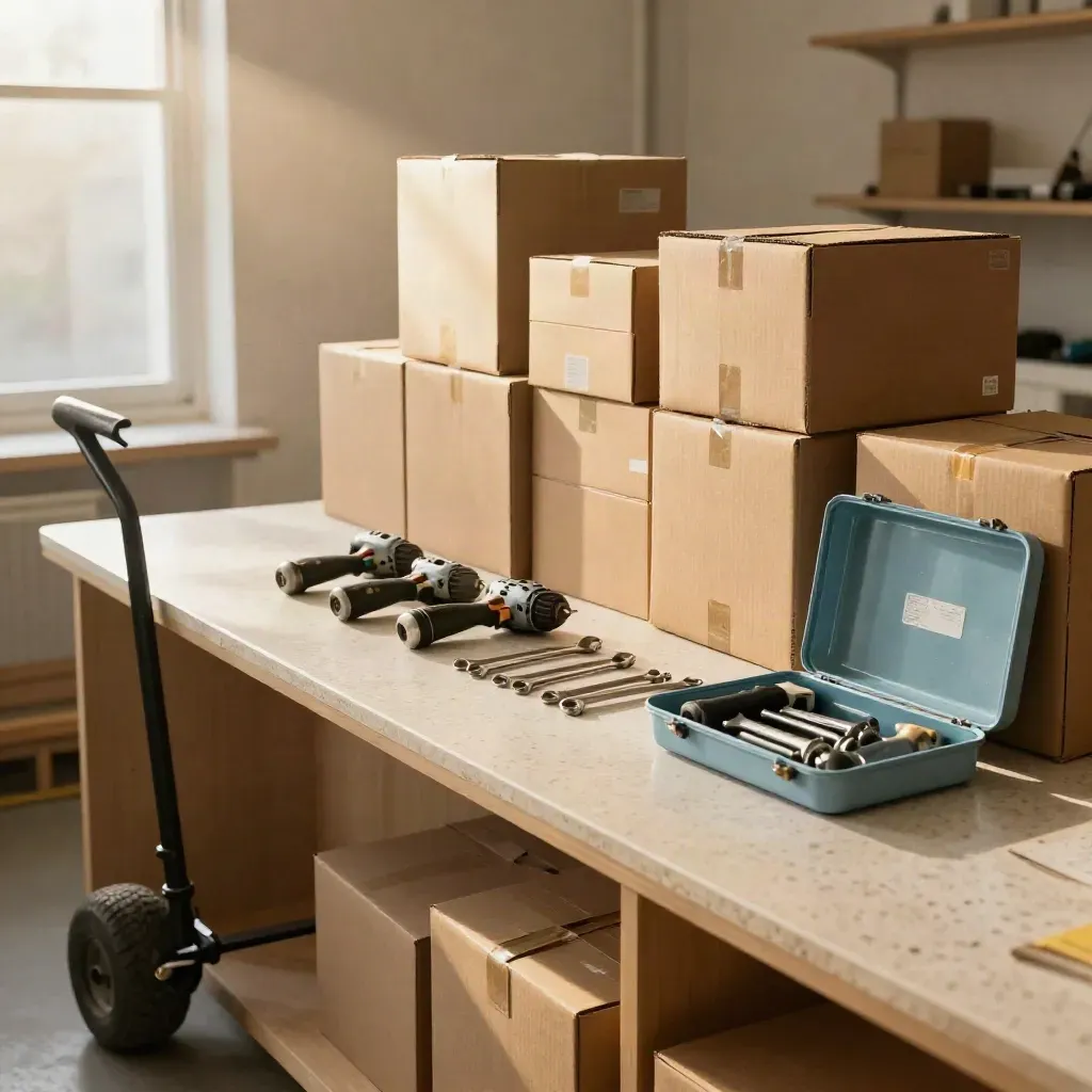 Workshop counter with boxes, open tool cases and hand truck in soft daylight.