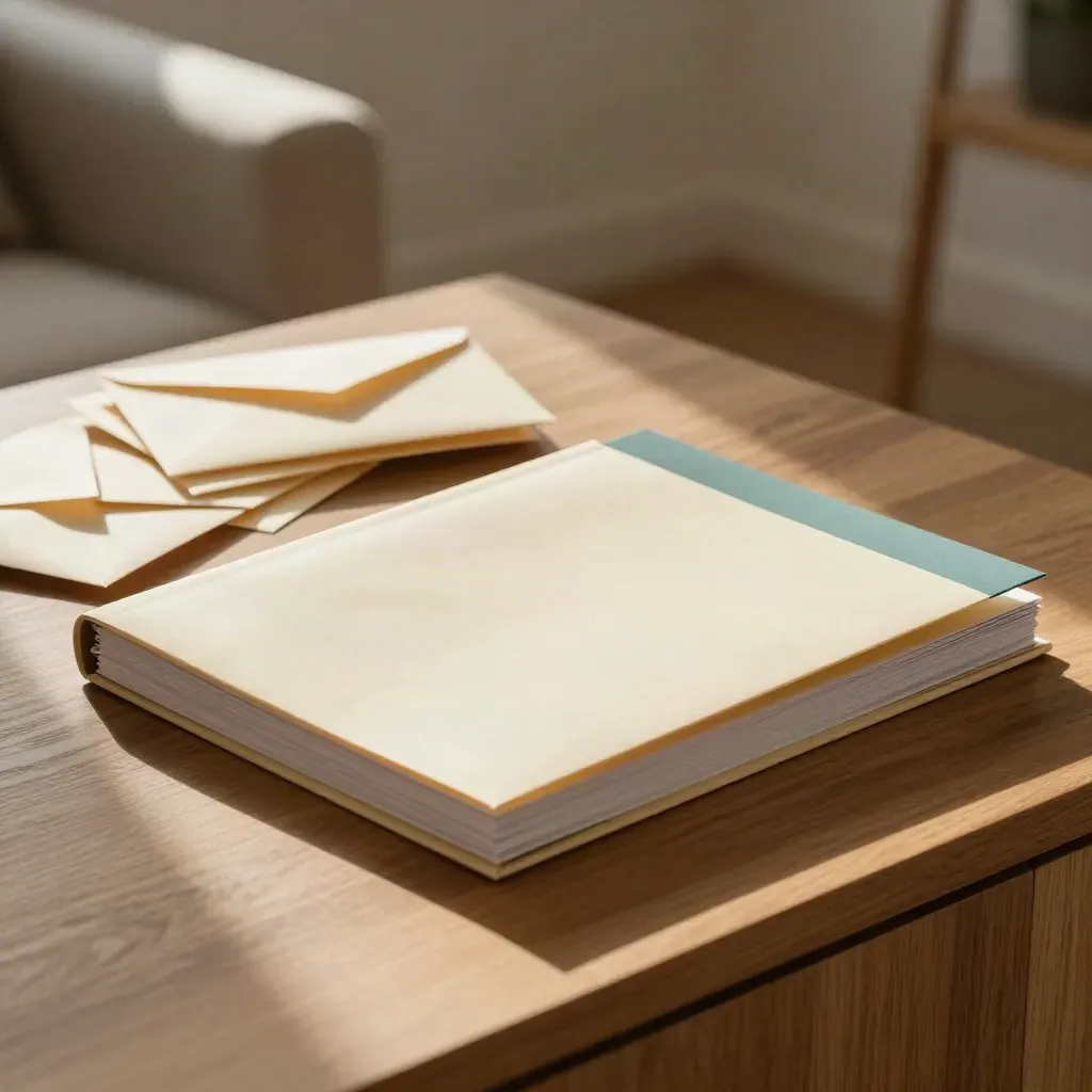 Debt consolidation still life on a wooden sideboard with envelopes and a central folder.
