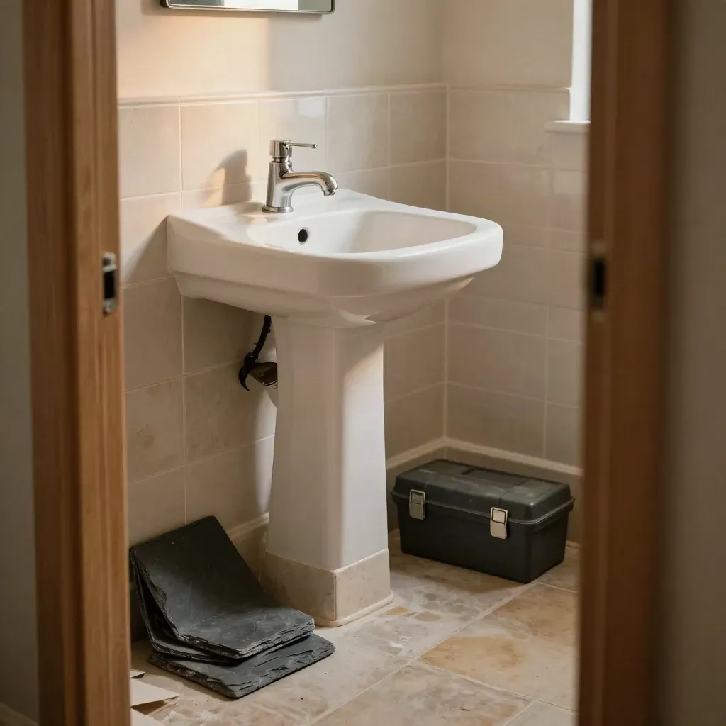 Renovated bathroom corner with basin, stacked tiles, dust sheet and toolbox in warm evening light.