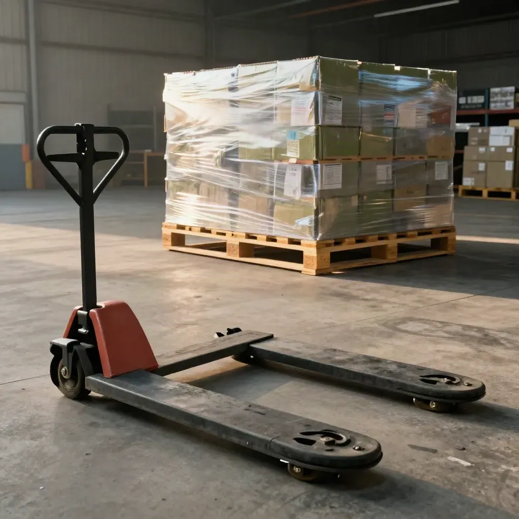 Warehouse loading bay with pallet truck and sealed cartons in warm late sunlight.