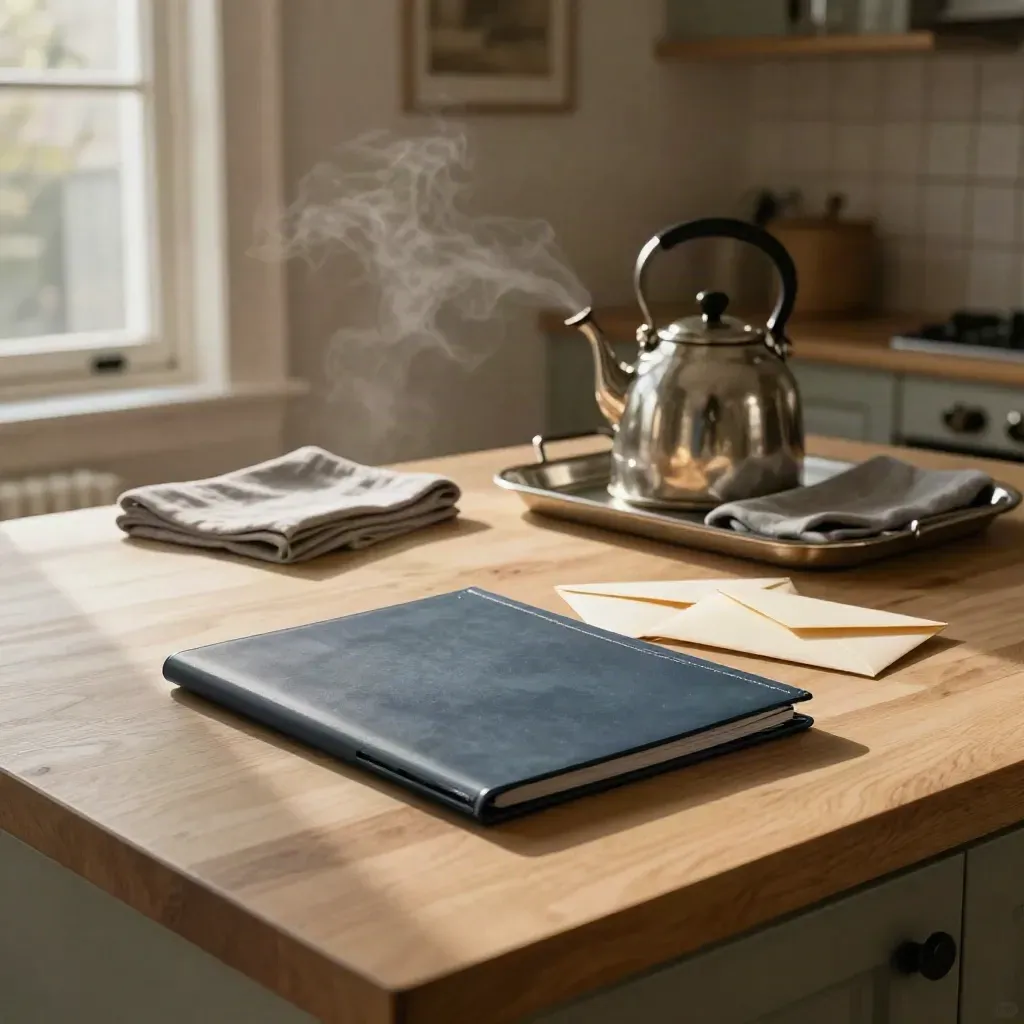 Navy payment folder, closed envelopes, and tray in a calm Bristol terrace kitchen