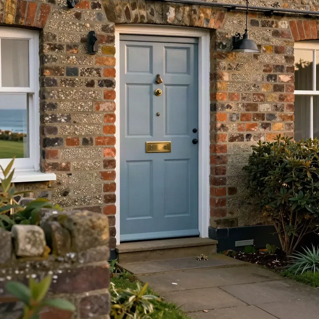 Slate-blue rental house door with spare keys on a stone sill in warm coastal light.