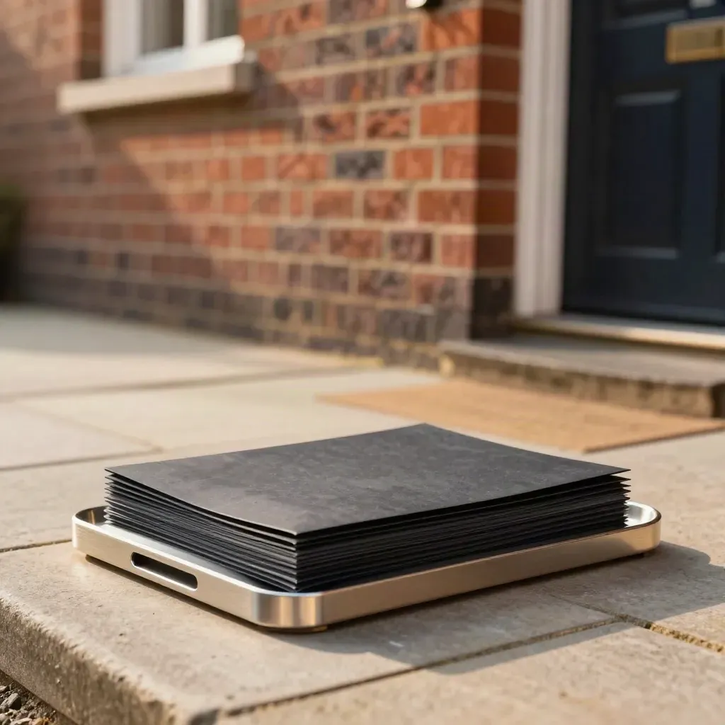 Brick house refinancing still life with metal key tray and closed folders at dusk