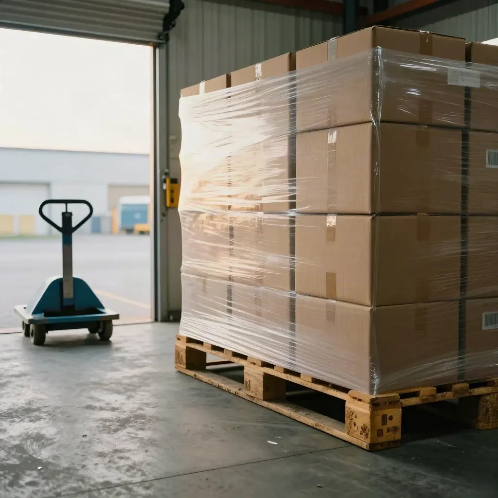 Shrink-wrapped pallets and a dock trolley ready for dispatch in a Leeds stockroom