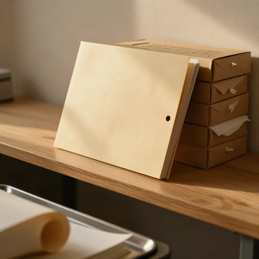 Close-up of a finance folder and stacked inventory samples in a warm Manchester office corner.