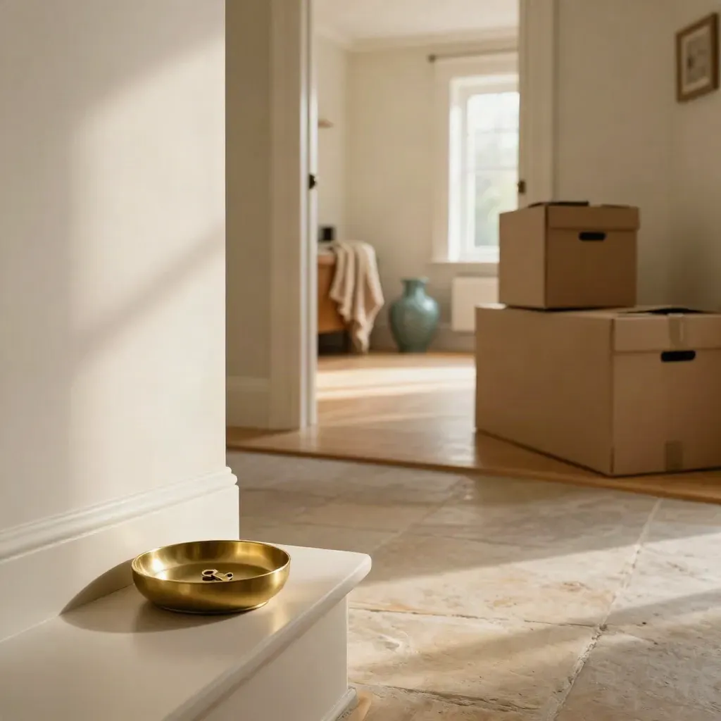 Sunlit first-home hallway with boxes, brass key dish, open living room and teal accent.