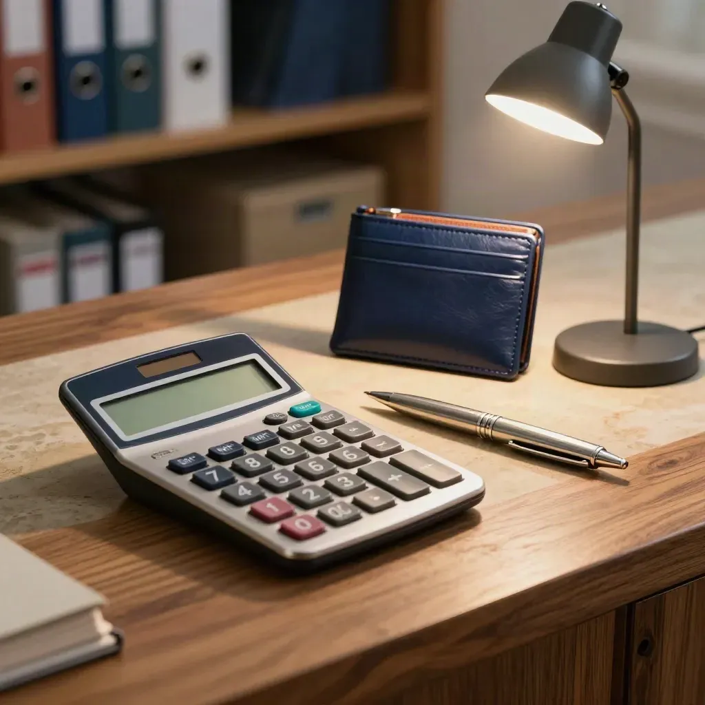Calculator, card wallet, pen and clip-on light on a walnut counter