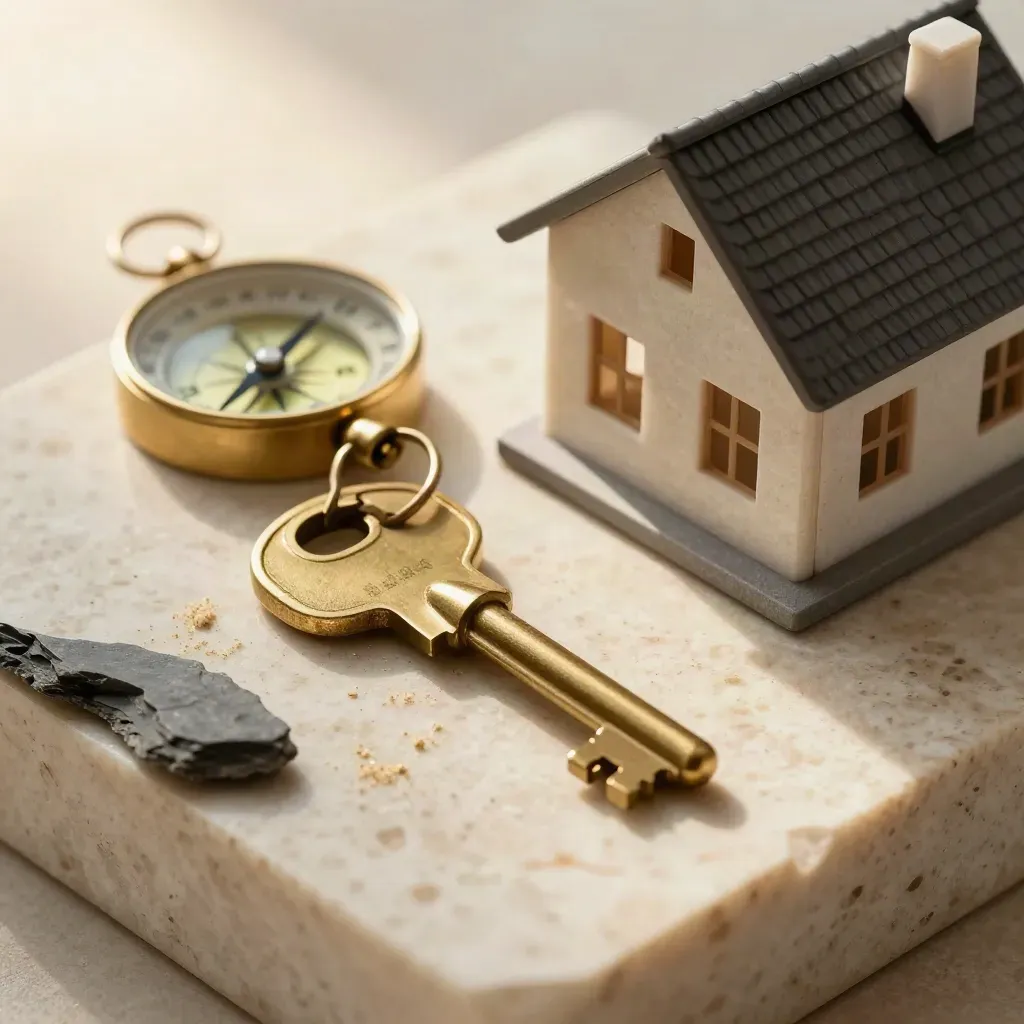 Brass house key, miniature roofline, and compass on stone in a mortgage adviser still life.