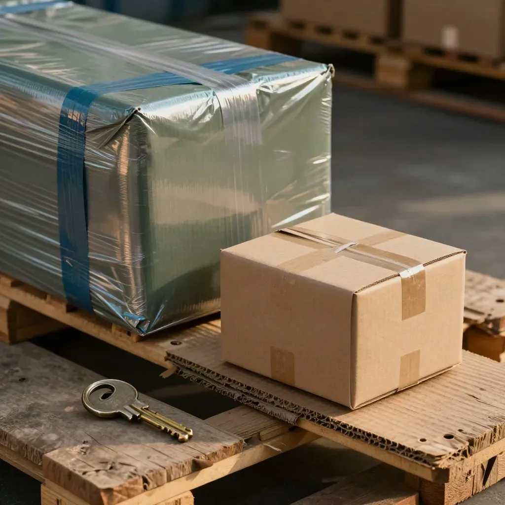 Warehouse key, pallet wrap and sealed cartons on a loading dock in warm industrial light.