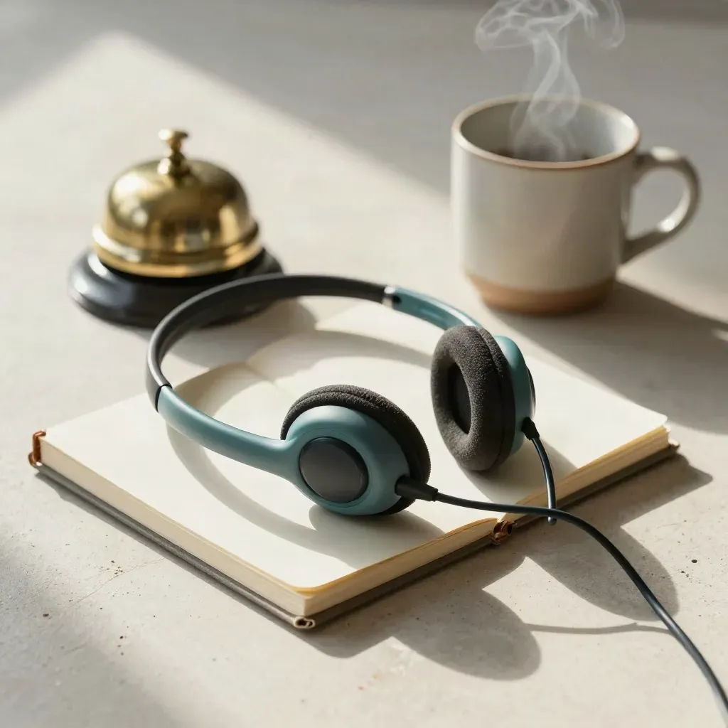 Headset, closed notebook, brass bell and steaming mug on pale plaster under soft light.