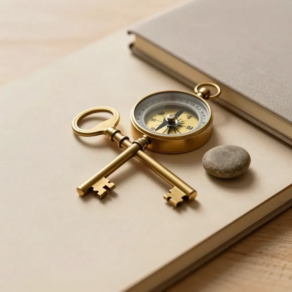 Brass compass, house key, pebble and closed notebook on pale oak in soft side light.