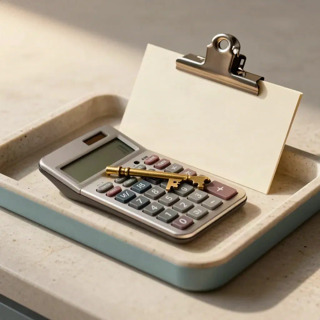 Calculator, brass key, and clip arranged in a stone file tray on pale limestone.
