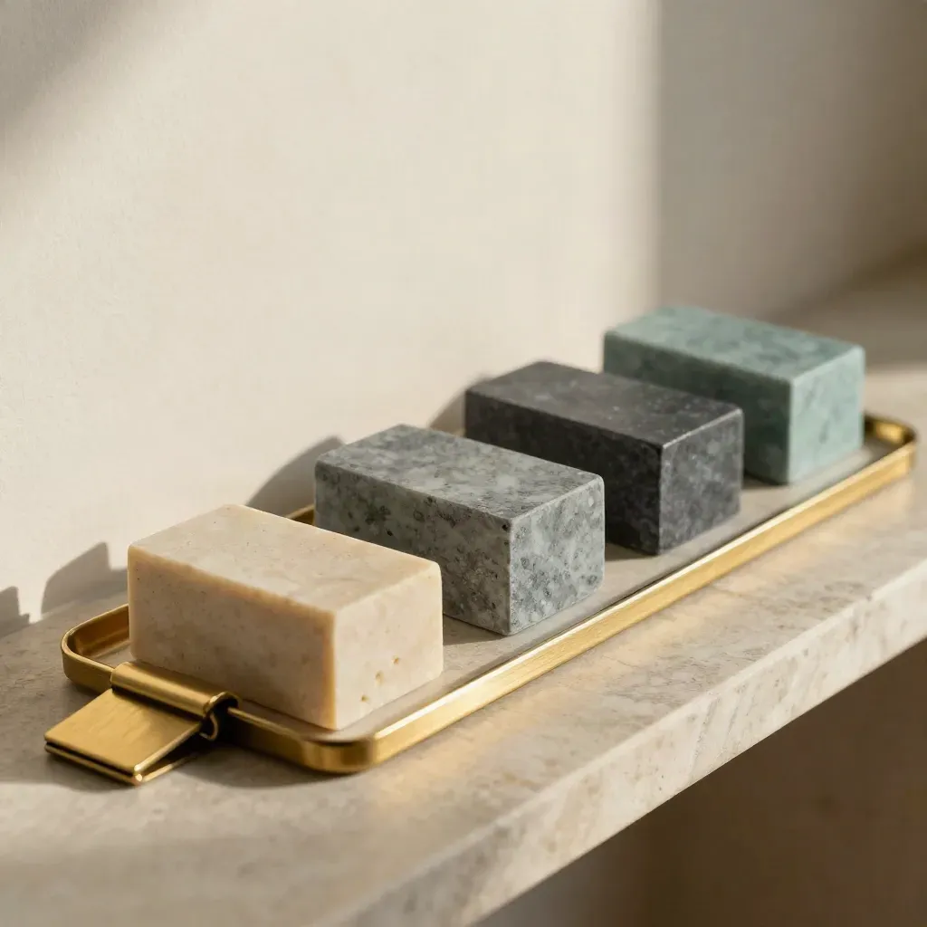 Sample blocks, brass clip and comparison tray on a stone shelf in soft side light.