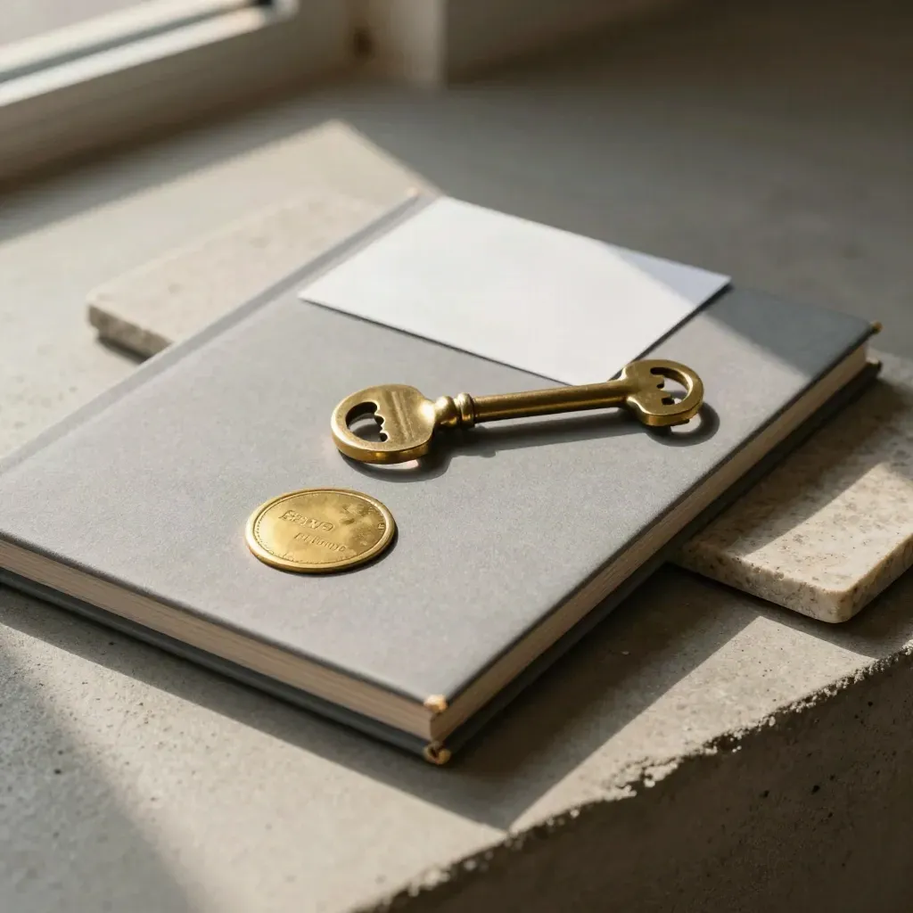 Brass seal, closed folder and key on a stone tray in soft side light.