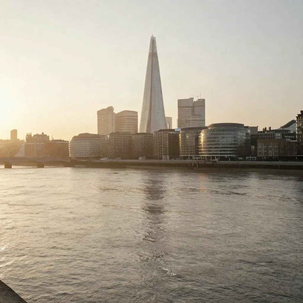 Hazy Greater London skyline at dusk above the Thames, landmark silhouettes glowing over calm water.