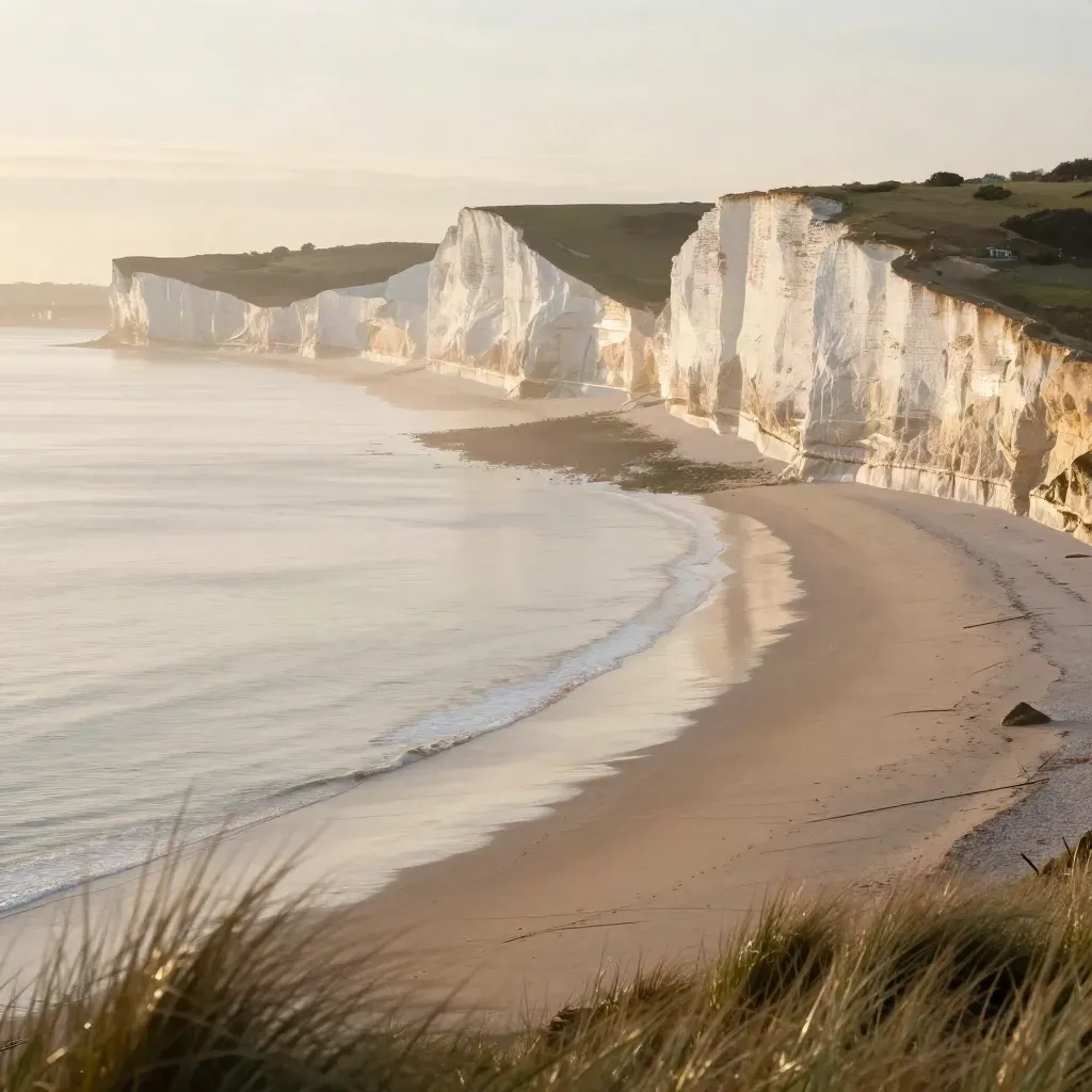 Chalk cliffs glowing at sunrise above a quiet misty shoreline and open sand