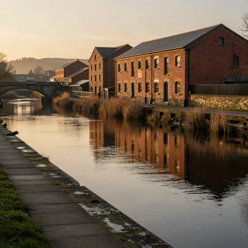 Golden canal at North West England dusk with brick warehouses and a hazy city ridge.