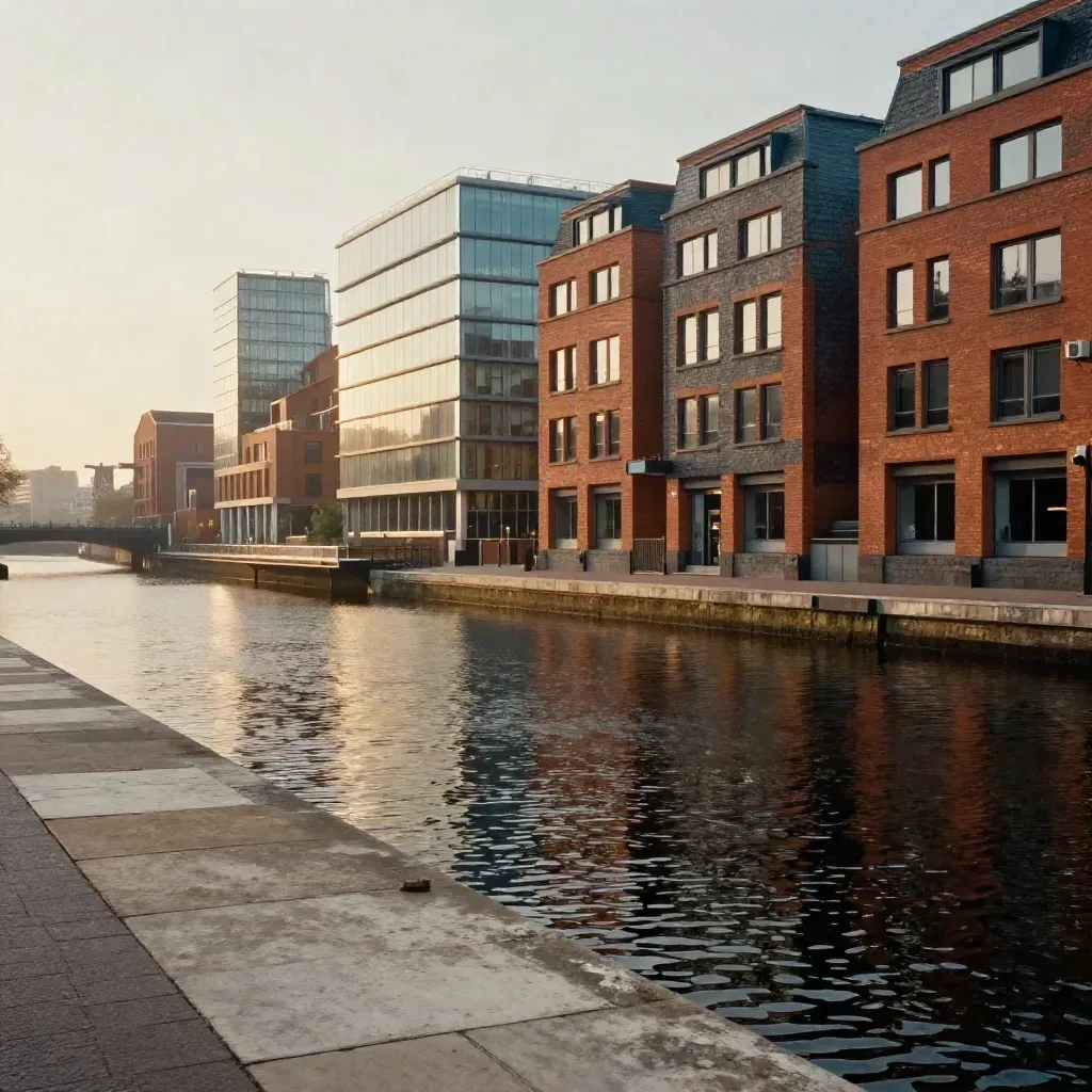 Birmingham canal at dusk with brick-and-glass skyline and calm water